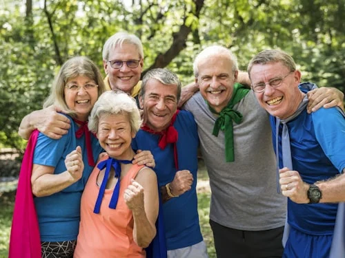 Group of older adults engaged in community involvement at a local volunteer event